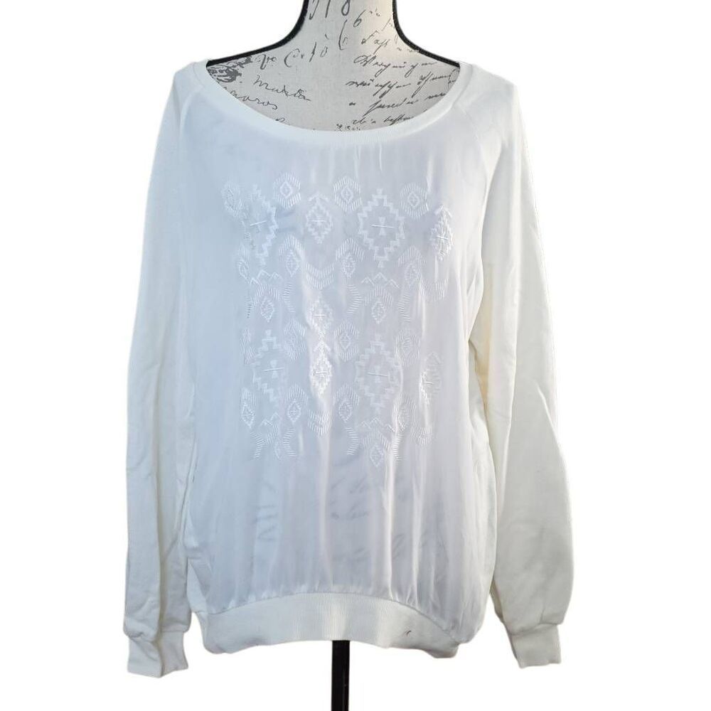 I Jeans By Buffalo Women's Size XL White Embroidered Sheer Long Sleeve Blouse